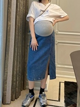 (LeoＭami) Maternity Skirt Summer Retro A-Line Skirt Mid-Length Design Slit Denim Skirt