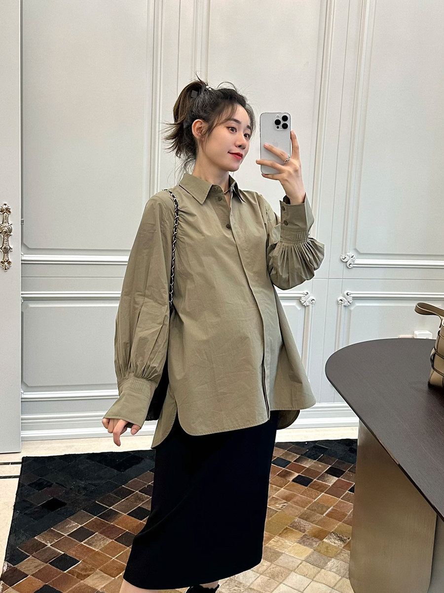 LeoMami Gestational Woman Dress Autumn Style Design Sensation Pleats Cuffs Shirt Loose Foreign Gas Trendy Casual Little Crowdshirt-Taobao