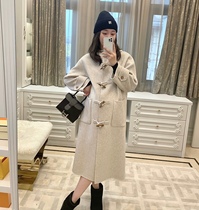 (LeoMami) Maternity Winter Hooded Horn Button Cashmere Jacket Mid-Length Wool Double-sided Wool Coat