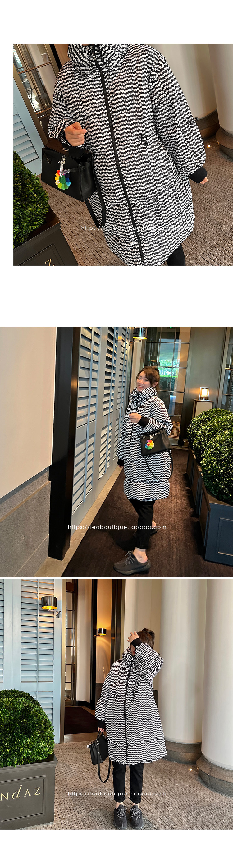 товар из китая leomami高端孕妇装冬季外套抽象黑白点中长款加厚保暖宽松羽绒服