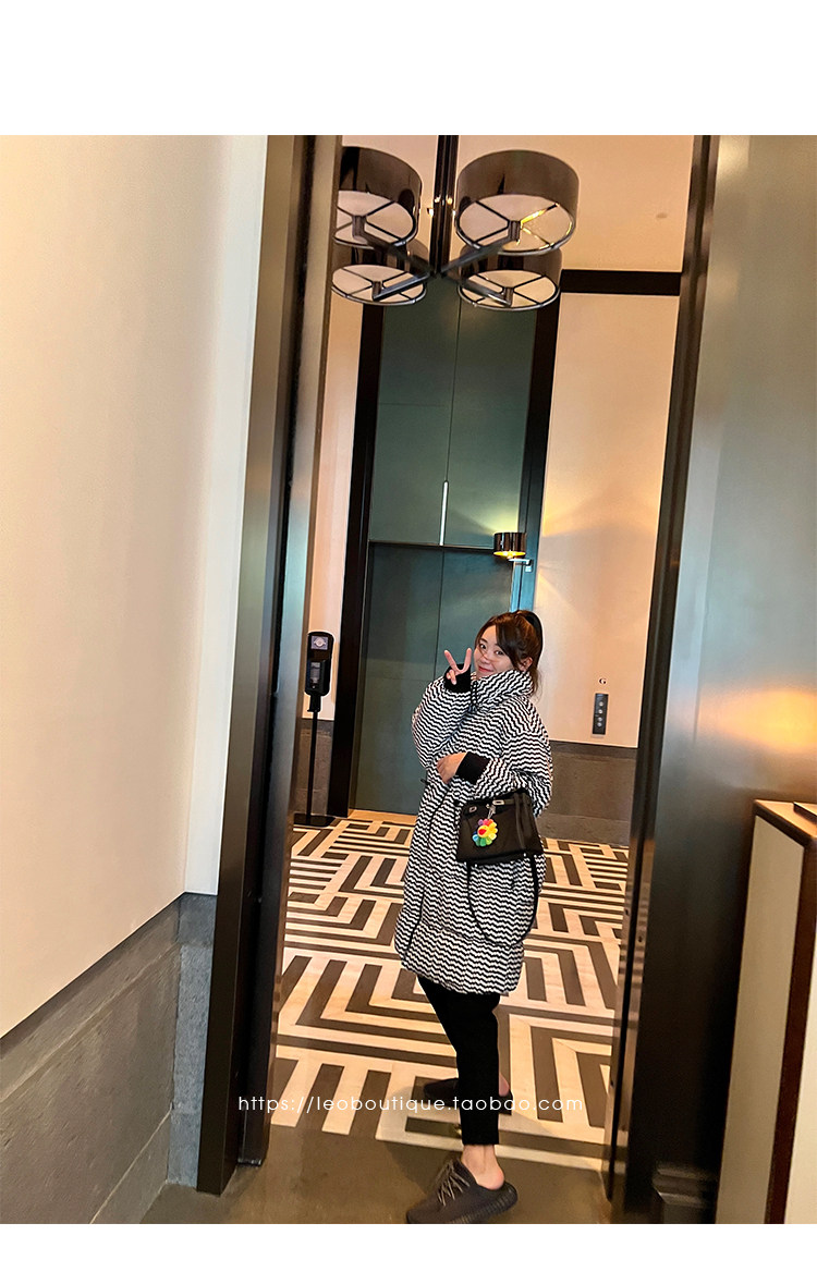 товар из китая leomami高端孕妇装冬季外套抽象黑白点中长款加厚保暖宽松羽绒服