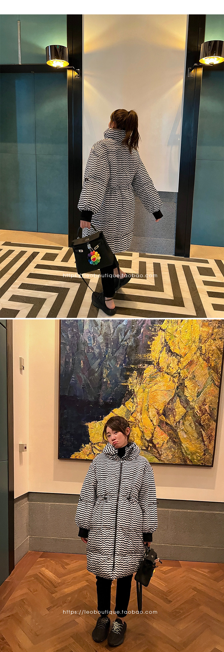 товар из китая leomami高端孕妇装冬季外套抽象黑白点中长款加厚保暖宽松羽绒服