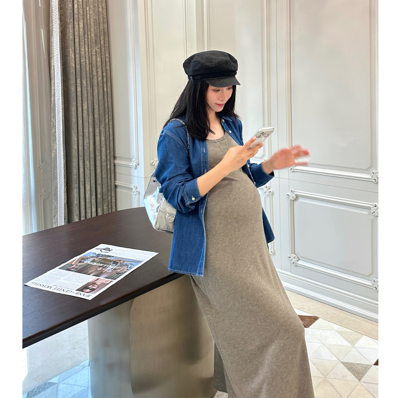 Leomami Maternity Wear Summer Merino Tencel Wool Dress Thin Super Elastic Loose Casual Vacation Long Dress