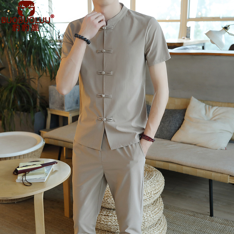 Summer imitation cotton linen China Wind disc buckle Down with male short sleeve shirt long pants casual suit Youth Han uniforms Gutshio-Taobao