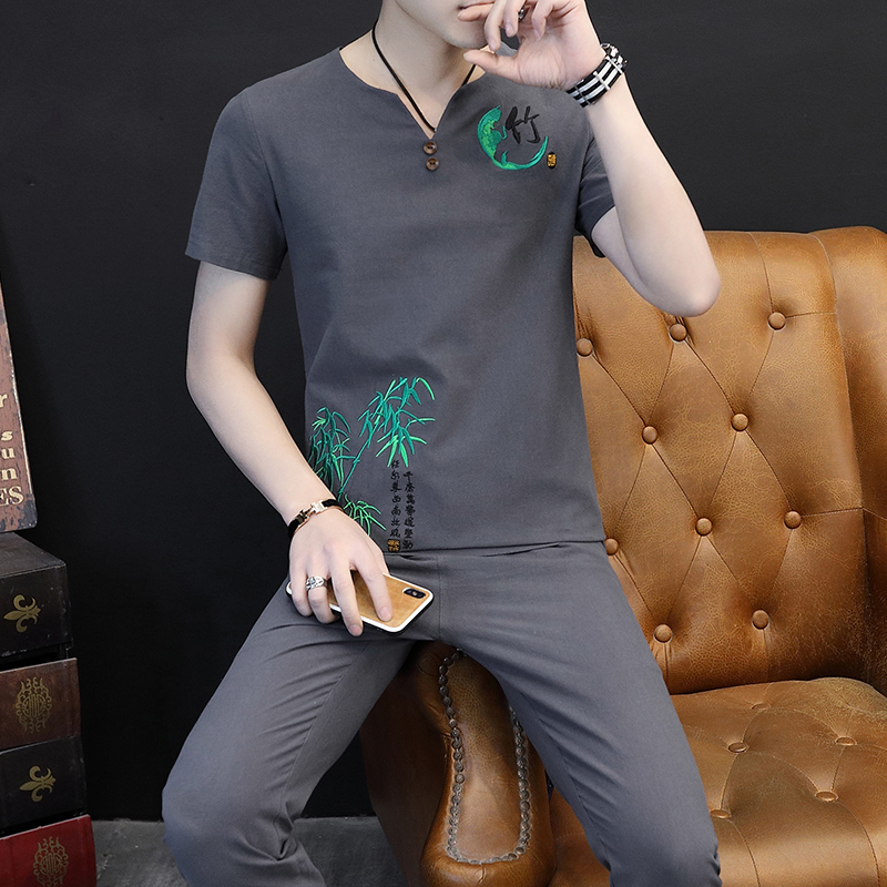 Trung Quốc gió mùa hè lanh bông thêu ngắn tay T-shirt bộ chao nam giải trí giới trẻ Trung Quốc Tang chiếc váy người đàn ông mới