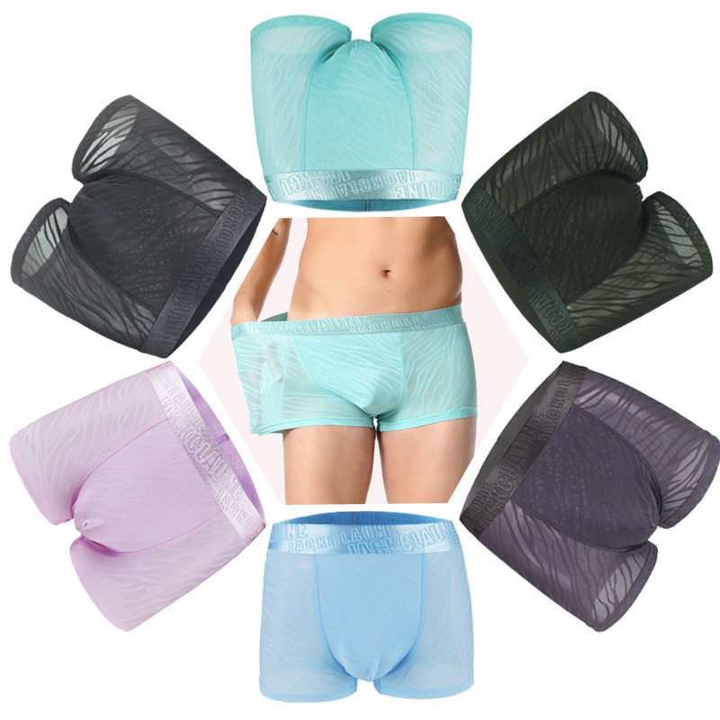 Men's ice silk underwear boxer pants hollow lace breathable mid-waist U convex ultra-thin sexy transparent men's underwear