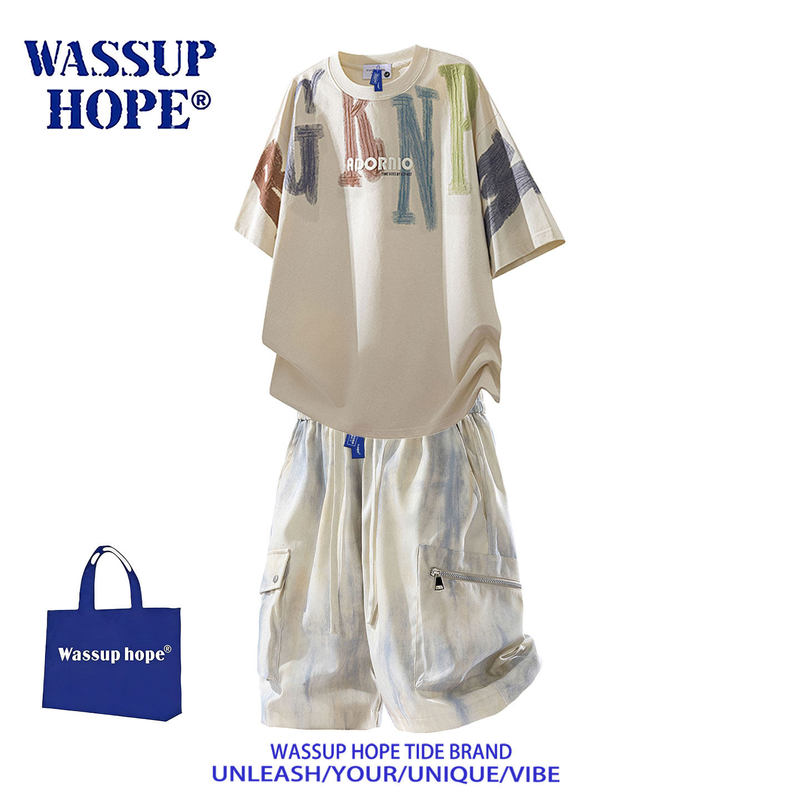 Wassup Hope Sports Suit Men's American Casual Short-Sleeved T-Shirt Summer Work Shorts Trendy Two-Piece Set Wassup Hope Sports Suit Men's American Casual Short-Sleeved T-Shirt Summer Work Shorts Trendy Two-Piece Set