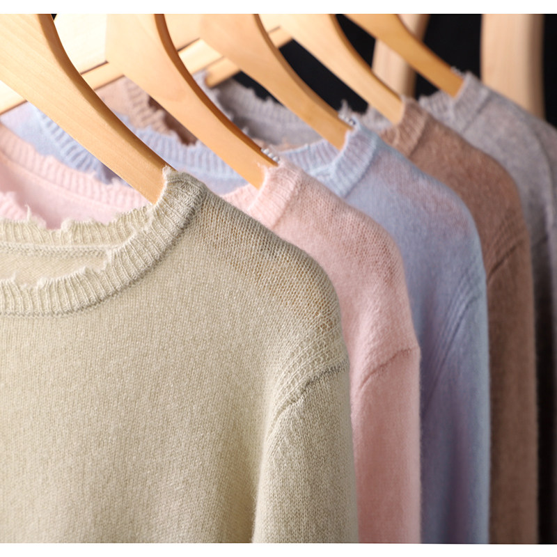 Morandi 5 Color Broken Edge Round Collar Whole Cashmere Heavy-Fancy Dress Giant Soft Glutinous Woman Long Sleeve Knitwear 68453