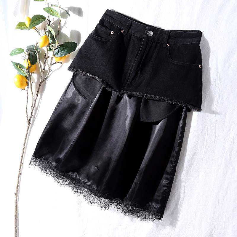Cowboy parquet with small crowdsourced ~ eyelash lace splicing cotton female high waist straight drum in skirt half body dress 69802
