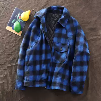 Deep blue tone cotton shirt shirt style wool loose big profile lattice wool jacket cotton coat 69486