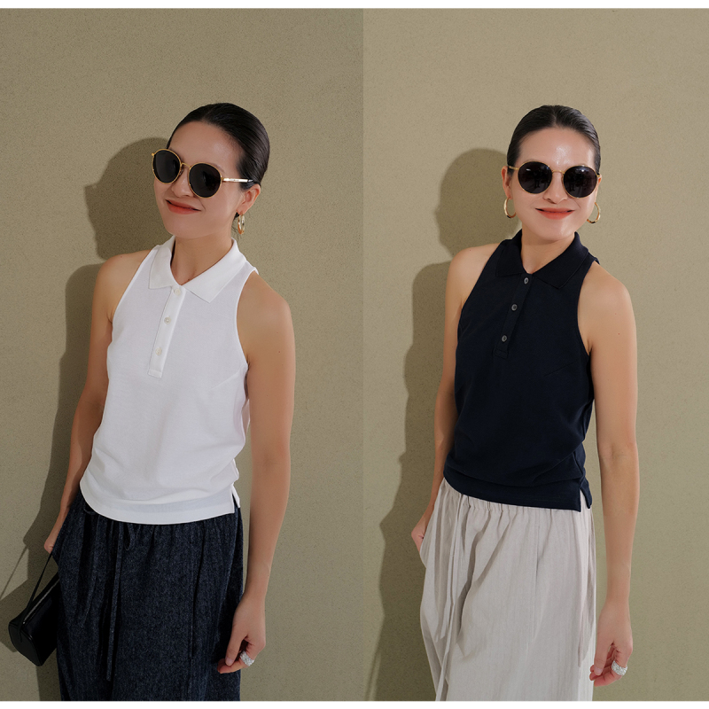 Pique Cotton Halter Neck Polo Shirt, Cool and Breathable, Southern French Holiday Navy Blue and White Women's Sleeveless T-Shirt 244600