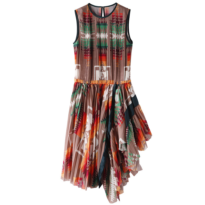 Indian nomadic print coloured block heavy industry folded female sleeveless middle - sleeve long dress 67169