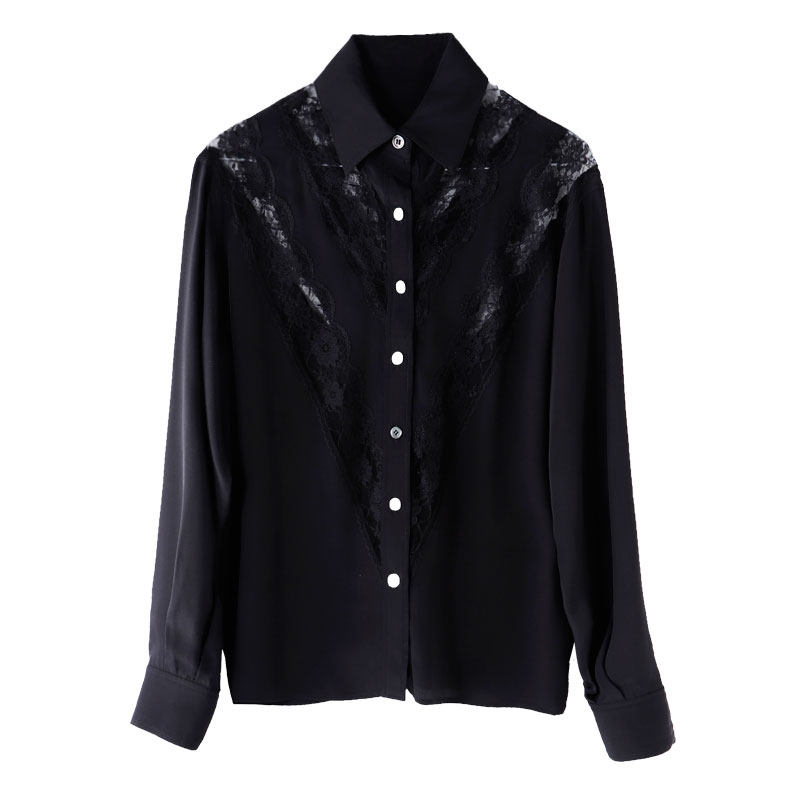 Small sexy genuine silk 3 color optional female front and back double V hollowed-out lace splicing long sleeve shirt 66053