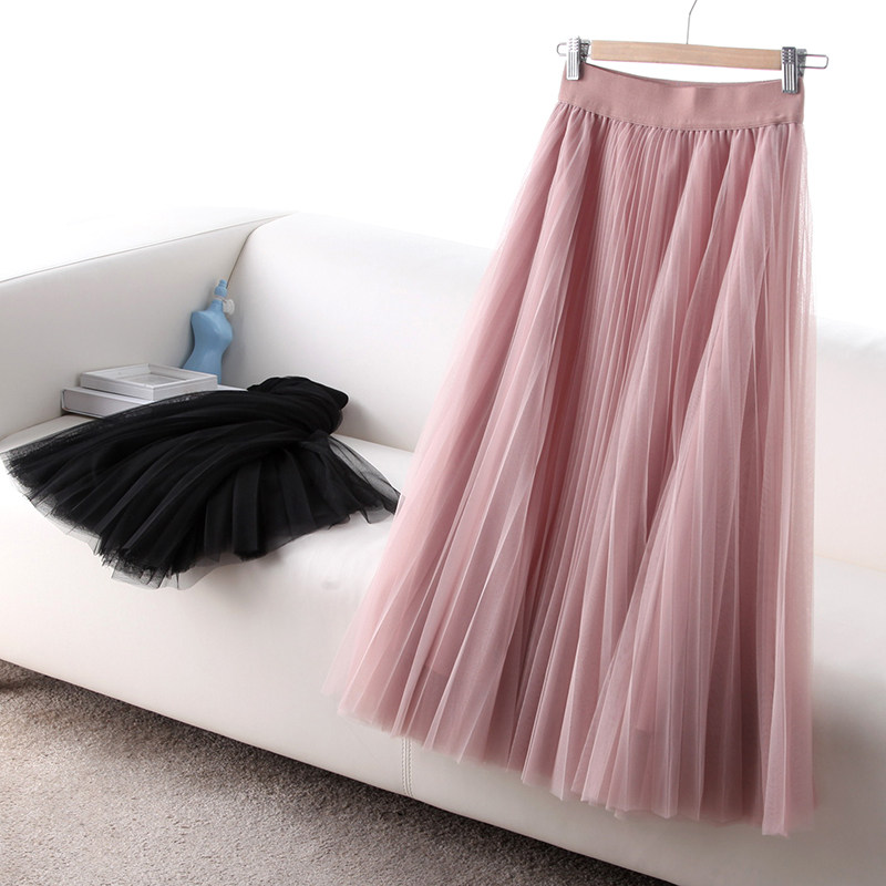 Simple, fashionable and versatile three-layer mesh pleated skirt Women's high waist elastic waist mid-length skirt 62567