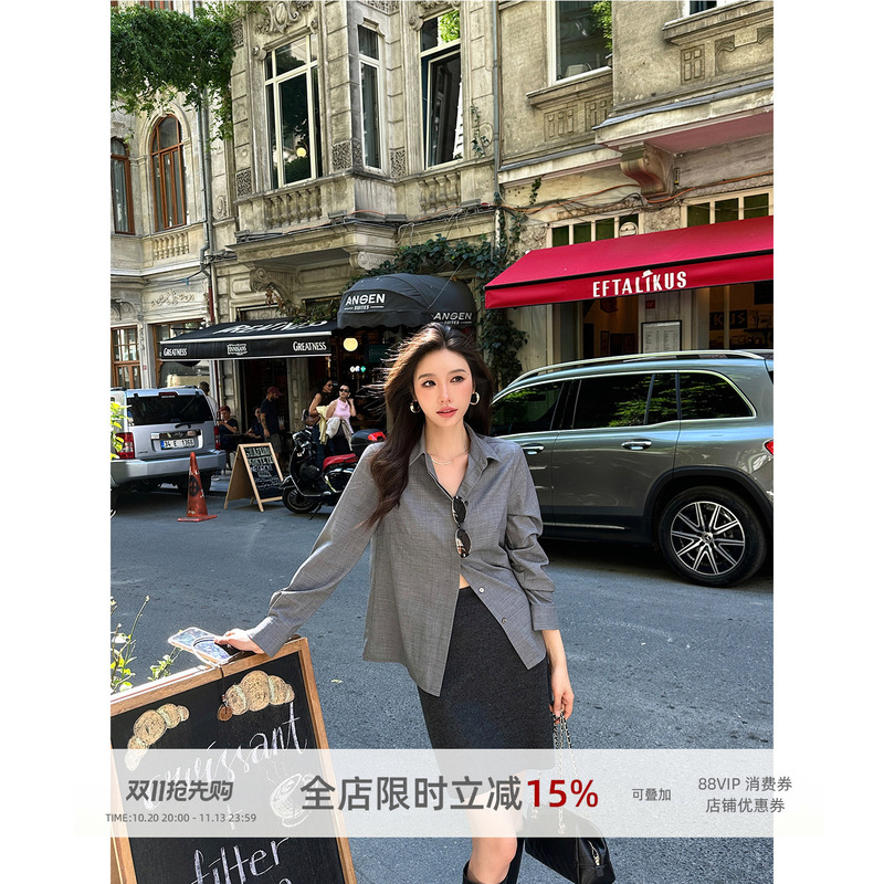 Zq Zi Qing Light Gray Wool Shirt for Women, New Autumn Slim Fit Simple Long Sleeve Shirt Zq Zi Qing Light Gray Wool Shirt for Women, New Autumn Slim Fit Simple Long Sleeve Shirt