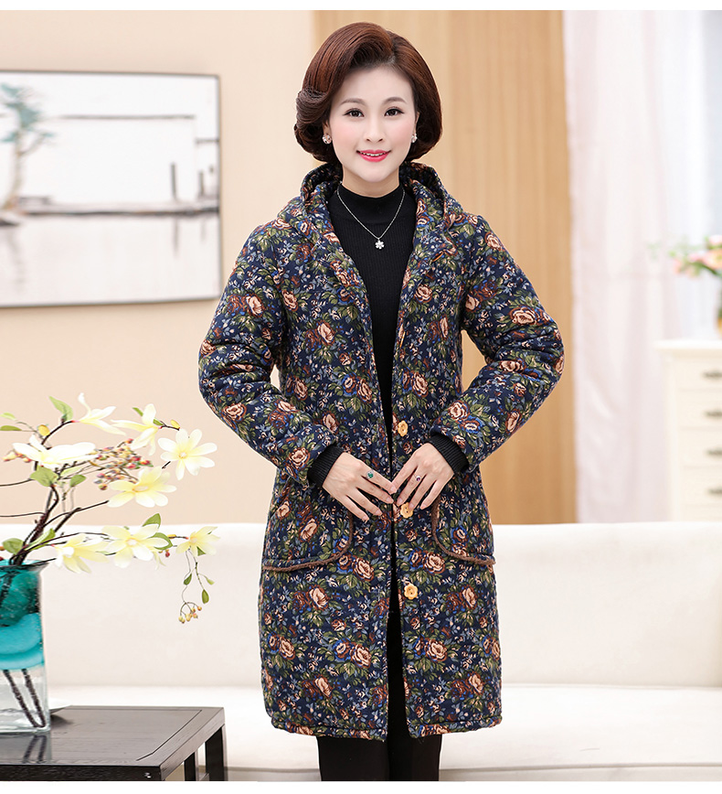 Mẹ trung niên tải áo mùa đông trong phần dài cộng với nhung dày mới phong cách dân tộc phụ nữ trung niên phù hợp với mũ trùm đầu váy cho người trung niên
