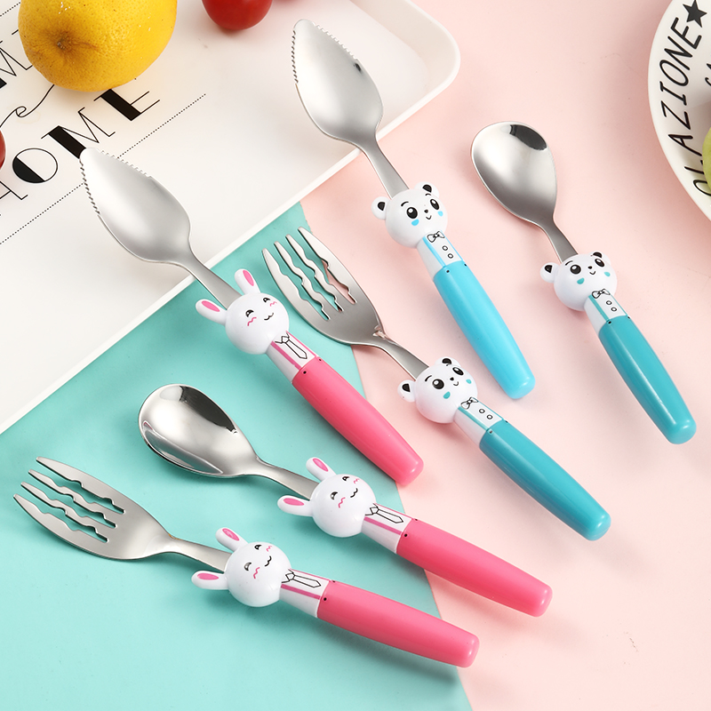 Cartoon 304 stainless steel tableware spoon and fork set baby scraping mud spoon non-staple food fruit digging spoon toothed fruit dredging spoon