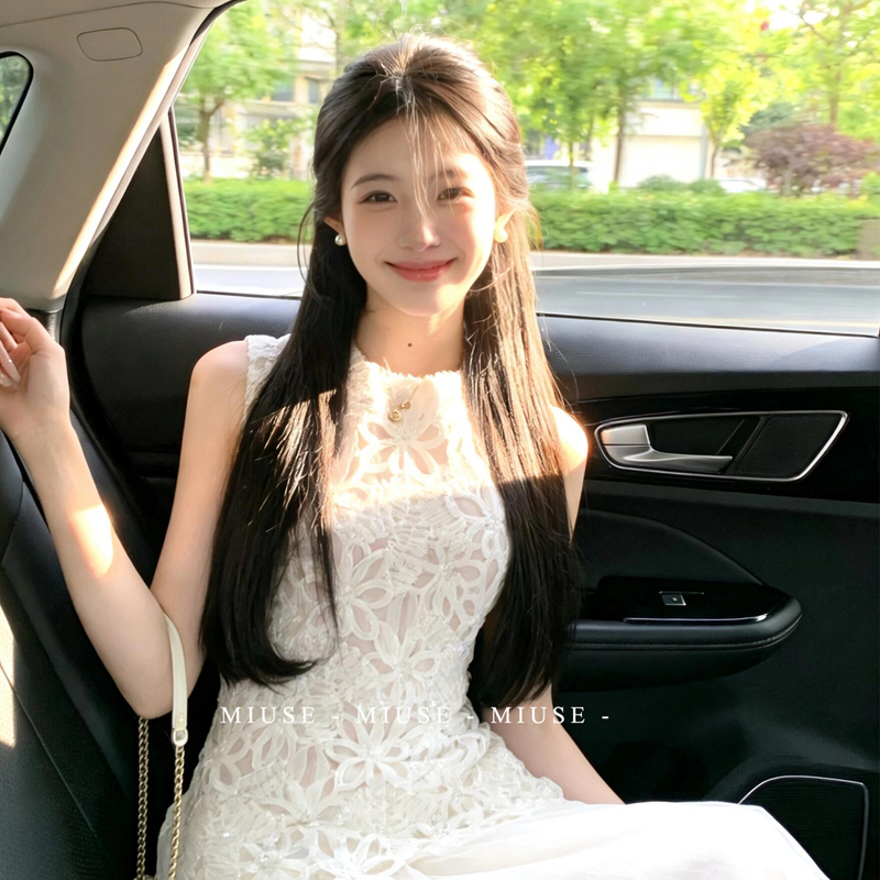 French-Style Dress for Women with Intricate Hollow-Out Design, Suitable for Birthday Parties, Sleeveless Vest Dress, Waist-Cinching Mesh Long Dress