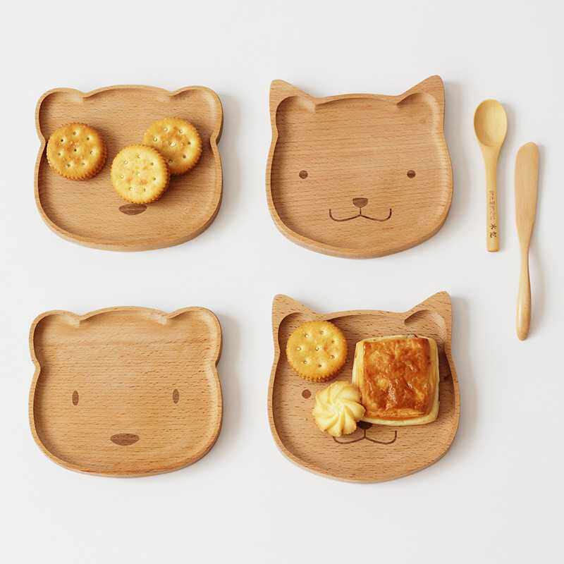 INS Animal Kitten Small Bear Solid Wood Dinner Plate Cartoon Nursery Tray Wooden Dish for Chinese New Year Gift Gifts Refreshment Dish Children's Wood Dish