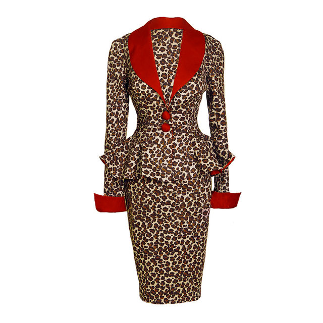 Retro temperament suit skirt ສອງສິ້ນດູໃບໄມ້ລົ່ນ French leopard print fashion professional lady ruffle suit skirt suit for women