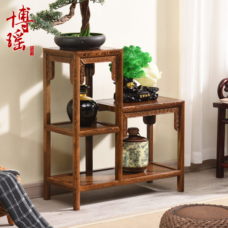 Solid Wood Flower Shelf Tea Water Rack Chinese Chicken Wings Wood Shelving Flowers Pear Wood Bonsai Shelf Multilayer High And Low Red Wood Flower Racks