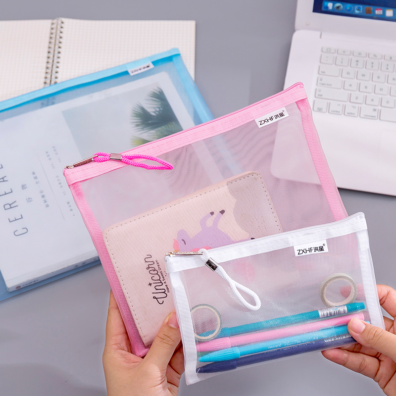 Simple small fresh pencil bag Female student grid stationery bag Large capacity file bag Pencil bag paper storage bag