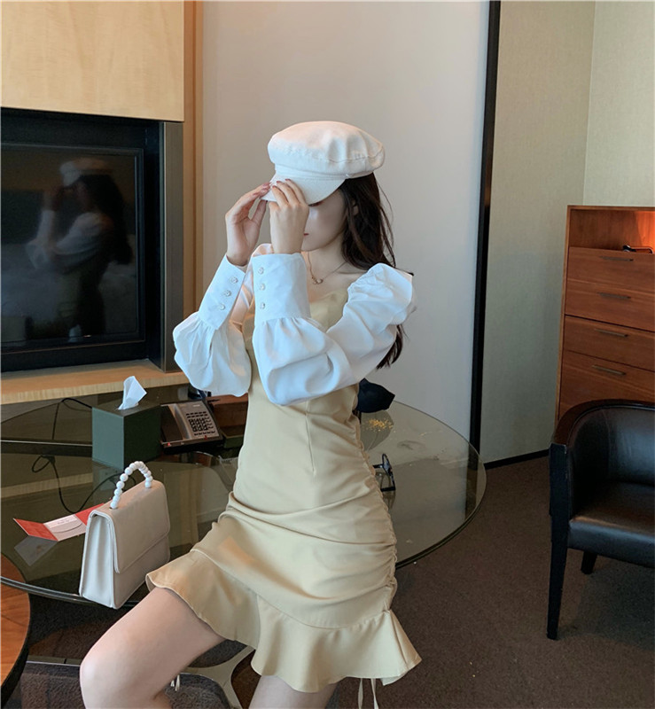 VK旗艦店 韓國風V領撞色桔梗魚尾拼接長袖洋裝