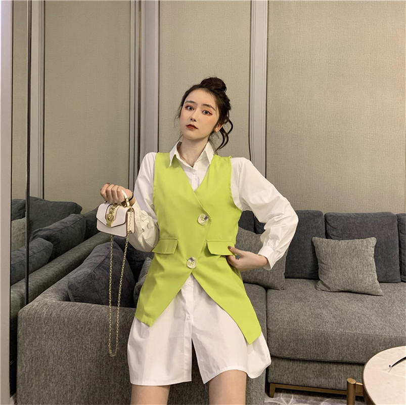 VK旗艦店 韓國風襯衫配馬甲復古長袖洋裝