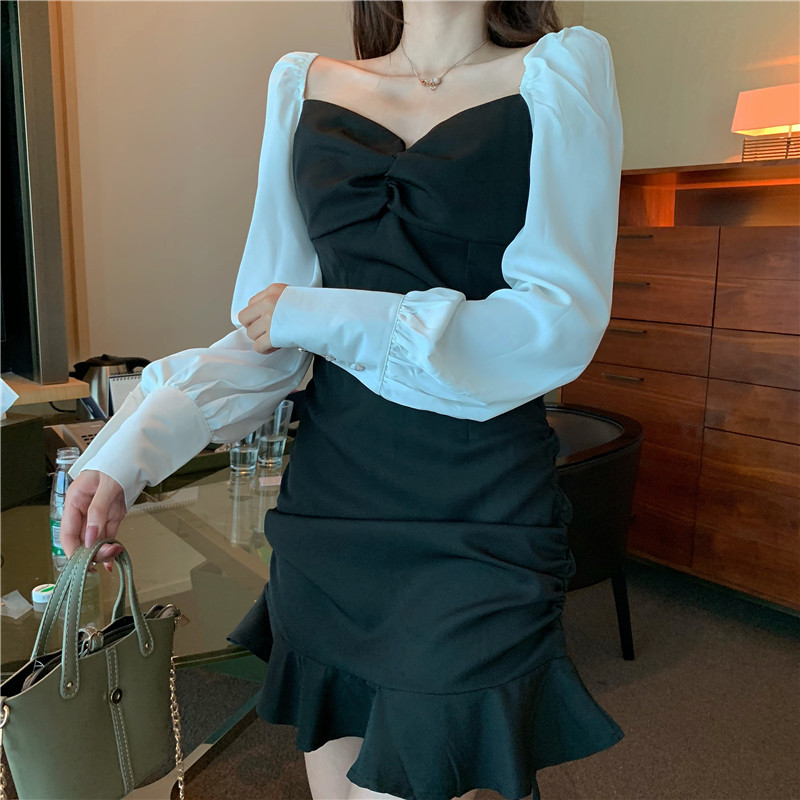 VK旗艦店 韓國風V領撞色桔梗魚尾拼接長袖洋裝