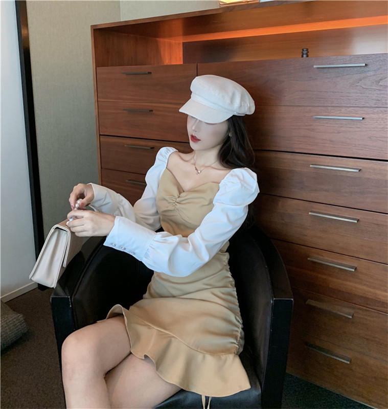 VK旗艦店 韓國風V領撞色桔梗魚尾拼接長袖洋裝