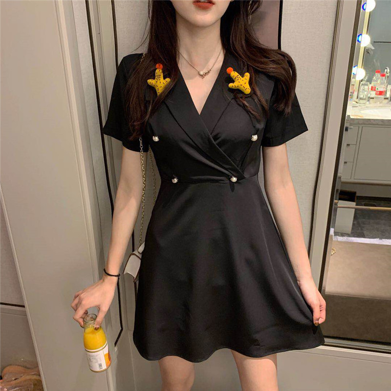 VK旗艦店 韓系西裝領黑色連身裙上衣短裙套裝短袖裙裝