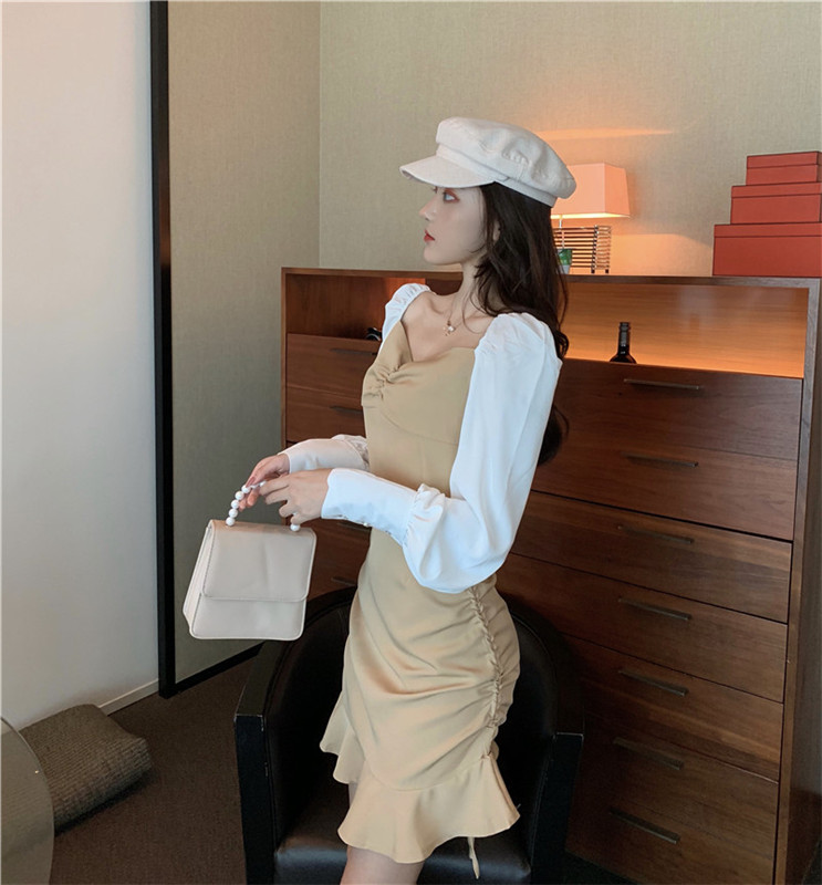 VK旗艦店 韓國風V領撞色桔梗魚尾拼接長袖洋裝