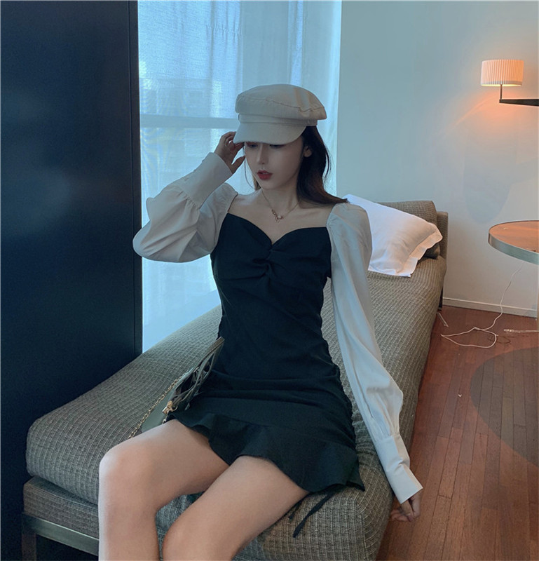 VK旗艦店 韓國風V領撞色桔梗魚尾拼接長袖洋裝