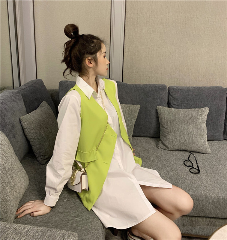 VK旗艦店 韓國風襯衫配馬甲復古長袖洋裝