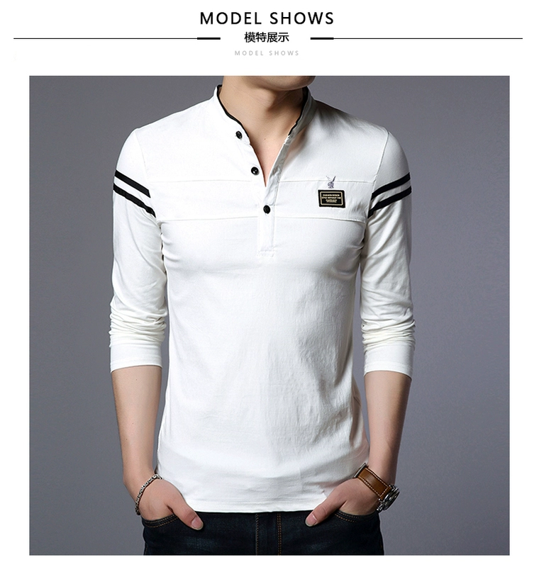 Mùa thu nam Playboy Áo thun dài tay Cotton Màu đứng cổ áo giản dị Thanh niên áo thun mỏng