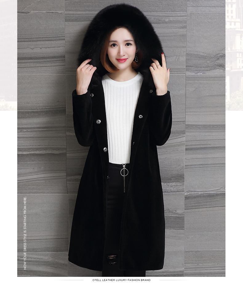 Haining new cừu cắt fur coat nữ phần dài fox fur collar wool coat trùm đầu một kích thước lớn áo lót lông cừu