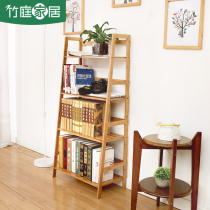 Bamboo garden living room Nanzhu small bookshelf Office floor-to-ceiling ladder shelf Bamboo modern simple creative trapezoidal bookshelf