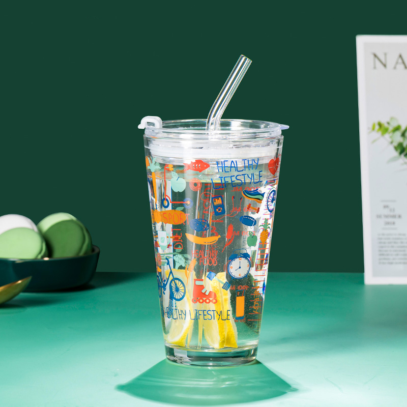 Straw Glass Cup Ins Cute Adolescent Girl Thickened Heat Resistant Large Capacity Scale Mug Tide Creative Summer Water Cup
