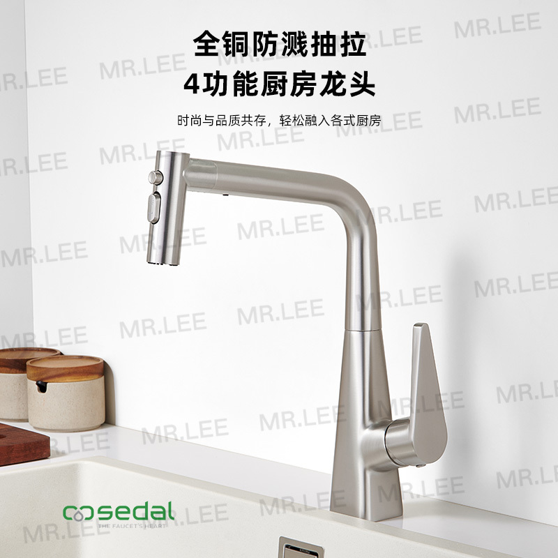 All-Copper Four-Function Tucai Pex + Certified Kitchen Faucet with Pull-Out Swivel, Vortex + Blade Water