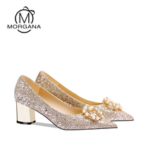 Thick Heel Wedding Shoes Show And Wedding Dress Two Wear 2022 New Champagne Golden Pregnant Woman Bridal Shoes Everyday Can Wear Crystal Shoes