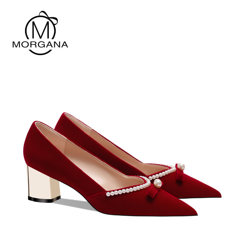 Wedding shoes in the summer of 2023 new Xiuhe wedding dress two pregnant women wear rough heels red Chinese bride shoes