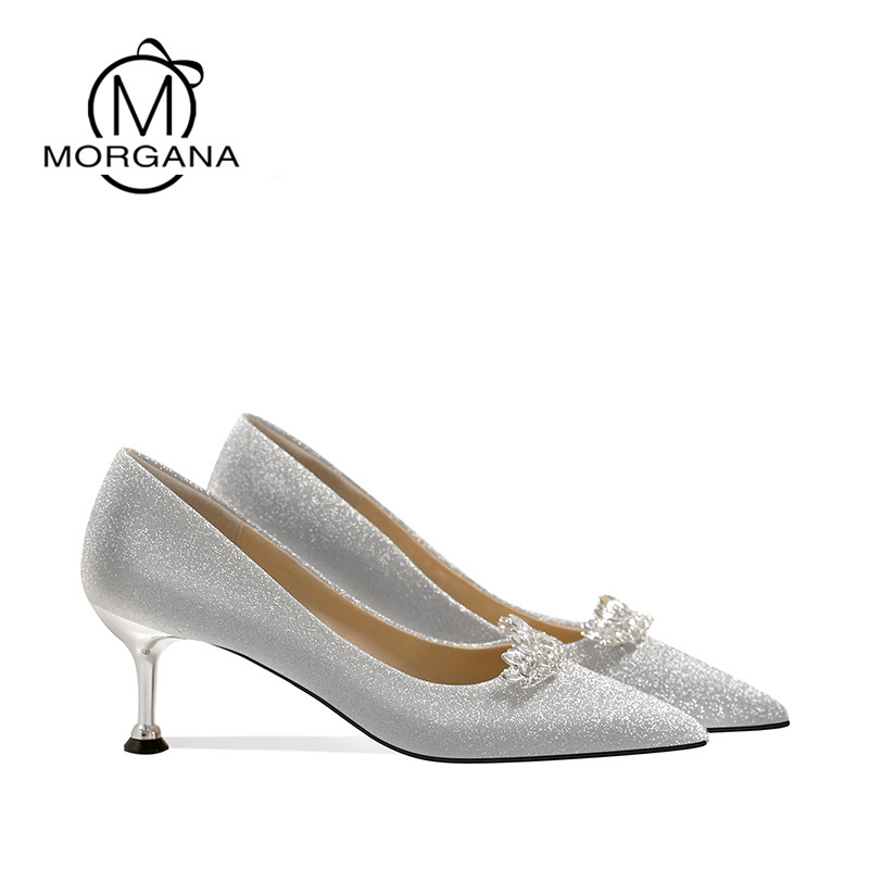 2021 new silver crystal shoes cat heel wedding shoes women's wedding dress shoes banquet catwalk usually wear bridal shoes