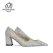 2022 New Pointed Silver crystal sequin High heel Shoe Girls coarse heels Sexy Nets Red Wedding Shoes Bridal Shoes Walking Show