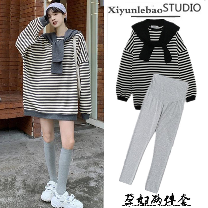 Pregnant Woman Spring Dress Suit Fashion style Large Size Loose Striped Blouse Blouse Spring Long Sleeve Thick Cotton T Female Spring and Autumn Style Long Edition