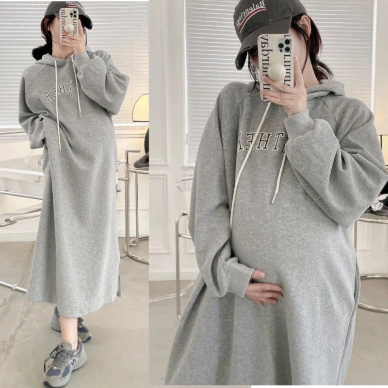 Pregnant woman not even clothed dress for autumn and winter style with cap and clothing female autumn clothes with high sub-winter-beating undershirt length dresses-Taobao