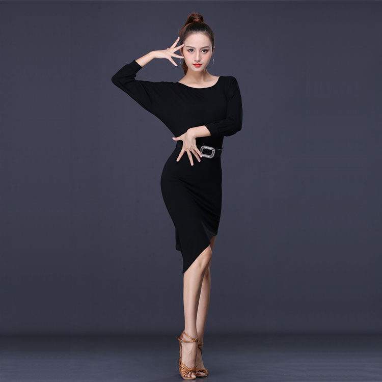 Latin Dance Suit Female Adult Modale Fabric Bat Sleeve Mesh Yarn Dew Back Round Neckline Sloped Swing Long Sleeve Spring Autumn New
