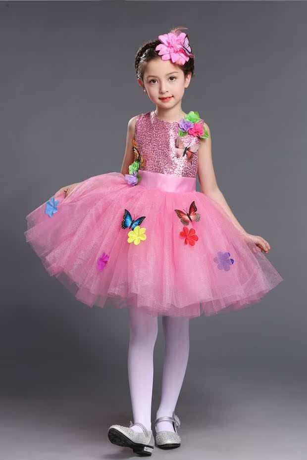 Quần áo biểu diễn cho trẻ em màu hồng, khiêu vũ trẻ em, cô gái, công chúa, váy, tutu, hợp xướng chủ nhà, trang phục đầm trẻ em cao cấp