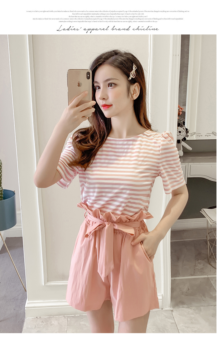 VK旗艦店 韓系條紋圓領高腰闊腿褲套裝短袖褲裝