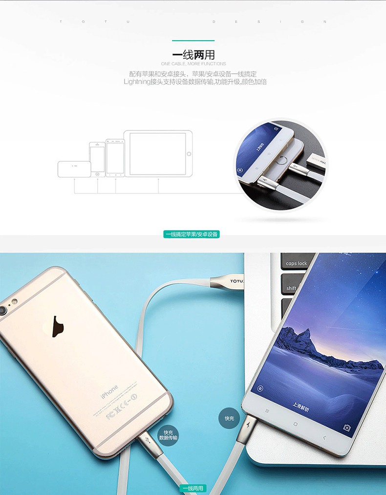 TOTU Zinc Alloy Connector Rhombic Quick Charge Lightning+Micro USB Cable for Apple iPhone iPad Android Smartphones Tablets