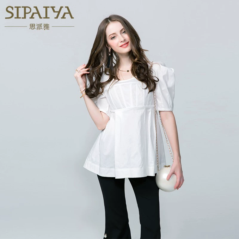 Sipiya Âu Mỹ thời trang nữ mới áo sơ mi trắng ngắn tay cổ tròn tay phồng tay áo corset áo sơ mi - Áo sơ mi